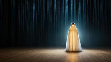 ghostly figure with glowing eyes stands in dark misty forest, evoking mystery photo