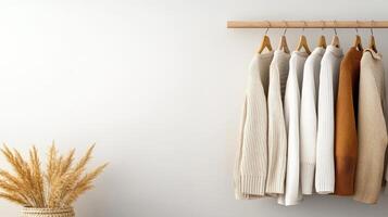 Cozy neutral colored sweaters hanging on wooden rack with decorative plant photo