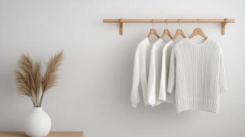 Cozy white sweaters hanging on wooden rack with vase of dried plants photo