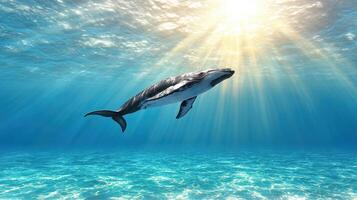 whale swimming gracefully in ocean, illuminated by sunlight photo