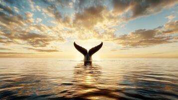 whale emerging from water at dawn, surrounded by mist and clouds photo