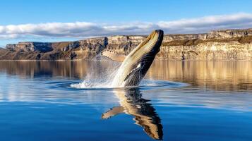 whale breaching in calm bay, creating beautiful reflections on water photo