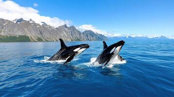 Dolphins breaching in clear blue waters near rocky mountains photo
