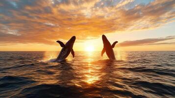 Whales breaching against vibrant sunset over ocean, creating stunning scene photo