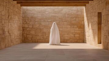white flowing figure stands in serene stone room, evoking mystery photo