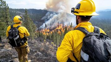 Wildfire rescue team monitoring flames in forested area, focused on safety photo