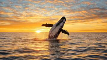 whale breaching surface at sunset, creating stunning silhouette photo
