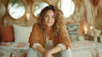 woman with curly hair sits comfortably in cozy, bohemian setting photo