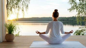 woman practicing yoga on wooden deck overlooking serene lake at sunset photo