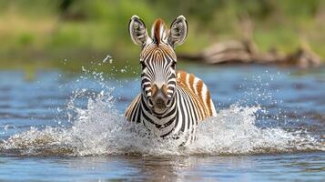 Zebra crossing river, splashing water as it moves gracefully photo