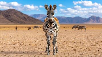Zebra standing in dry landscape with mountains and clouds in background photo