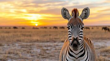zebra standing proudly in front of vibrant sunset, showcasing nature beauty photo