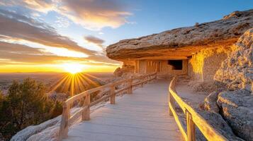 stunning sunset illuminating ancient ruins with wooden pathway photo