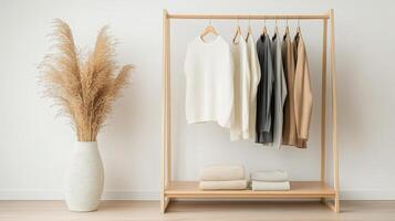 Minimalist wardrobe rack displaying neutral tops and folded towels photo