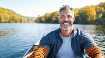 Cheerful senior man rowing on lake surrounded by autumn trees photo