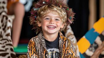 joyful child in festive costume with colorful headpiece photo