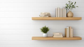 Modern open shelving unit with books and decorative plants, creating clean look photo