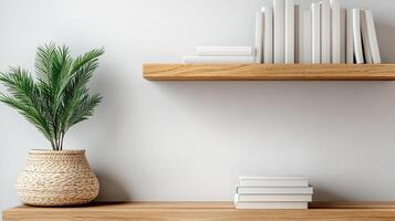 Modern open shelving unit with books and plant, creating clean look photo