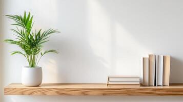 clean and modern open shelving unit with books and plant photo