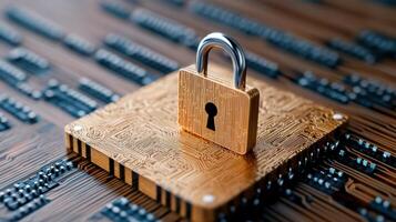 secure padlock on circuit board symbolizes data protection and encryption photo