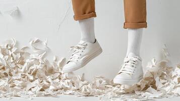 Fresh white sneakers with stylish pants and socks in creative setting photo