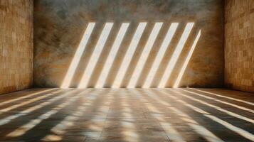 serene interior with sunlight casting diagonal shadows on floor photo