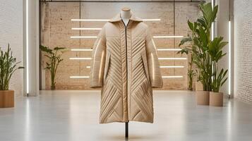 designer coat with geometric patterns displayed in modern setting photo