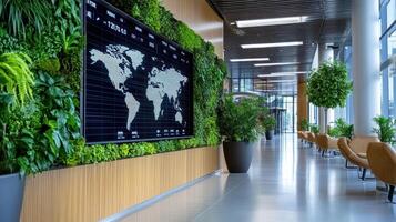 modern office interior featuring digital display of global data surrounded by greenery photo