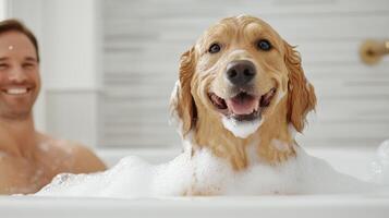dog enjoying bubble bath with smiling owner, creating joyful moments photo