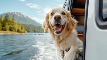 happy dog enjoying view from camper van by lake photo