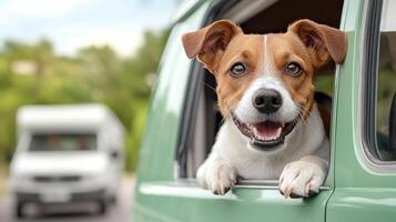 happy dog peeking out of camper van window, enjoying view photo