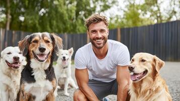 dog trainer smiling with group of happy dogs outdoors in park photo
