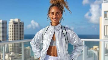 smiling woman in reflective jacket stands on balcony with view photo