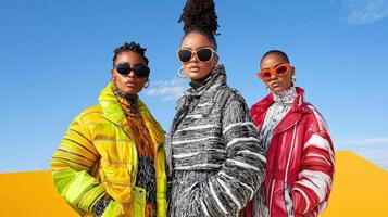 Dynamic editorial spread featuring stylish women in vibrant outerwear photo