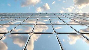 reflective surface with geometric patterns and clouds above photo