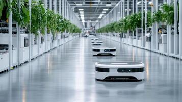 Automated robots navigating modern factory floor with greenery photo