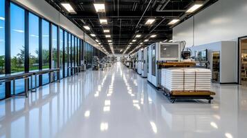 modern factory floor with robotic systems and bright lighting photo