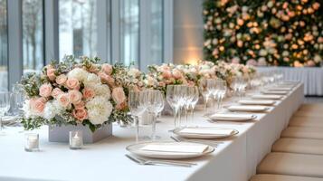 Elegant table setting with floral arrangements for special event photo
