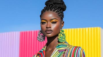 Vibrant model showcasing colorful fashion with bold accessories and makeup photo