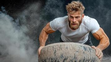 fitness enthusiast flipping large tire gritty environment, showcasing strength and determination photo