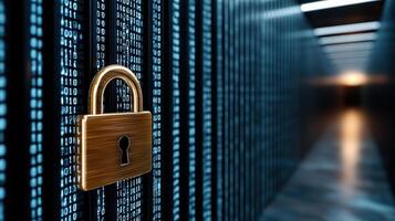glowing padlock icon surrounded by binary code symbolizes security and protection photo