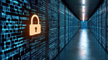 glowing padlock icon in digital corridor filled with binary code photo