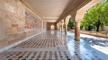 Ancient palace corridor with intricate tile patterns and lush greenery photo