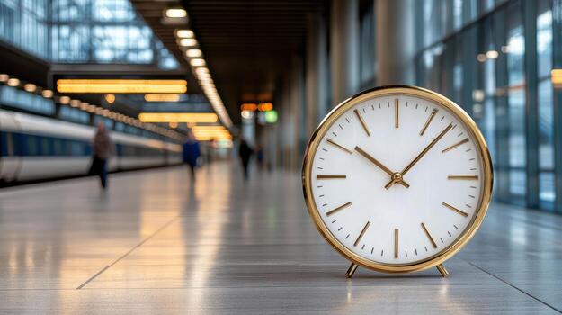 golden train station clock stands prominently as passengers move through terminal photo