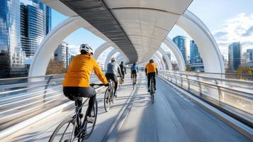 Cyclists riding on solar powered bridge in modern cityscape photo