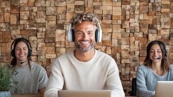 Collaborative podcast creators engaged in lively discussion photo