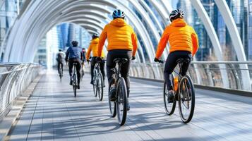 Cyclists in orange jackets riding on modern bridge in city photo