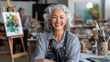 joyful senior woman smiling in art studio, surrounded by paintings photo