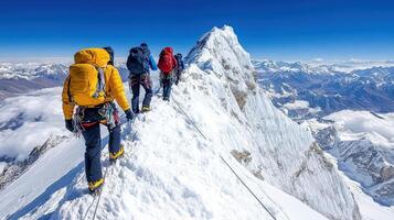 Climbers ascend snowy peak, showcasing teamwork and determination photo