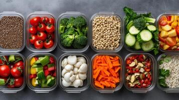 Healthy meal prep station with colorful vegetables and grains organized neatly photo